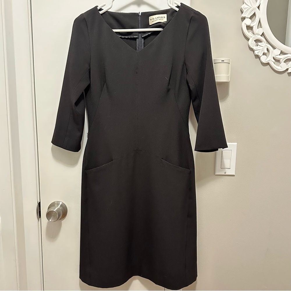 M.M. Lafleur The Etsuko Sheath Dress 2 black 3/4 sleeve pockets V neck LBD